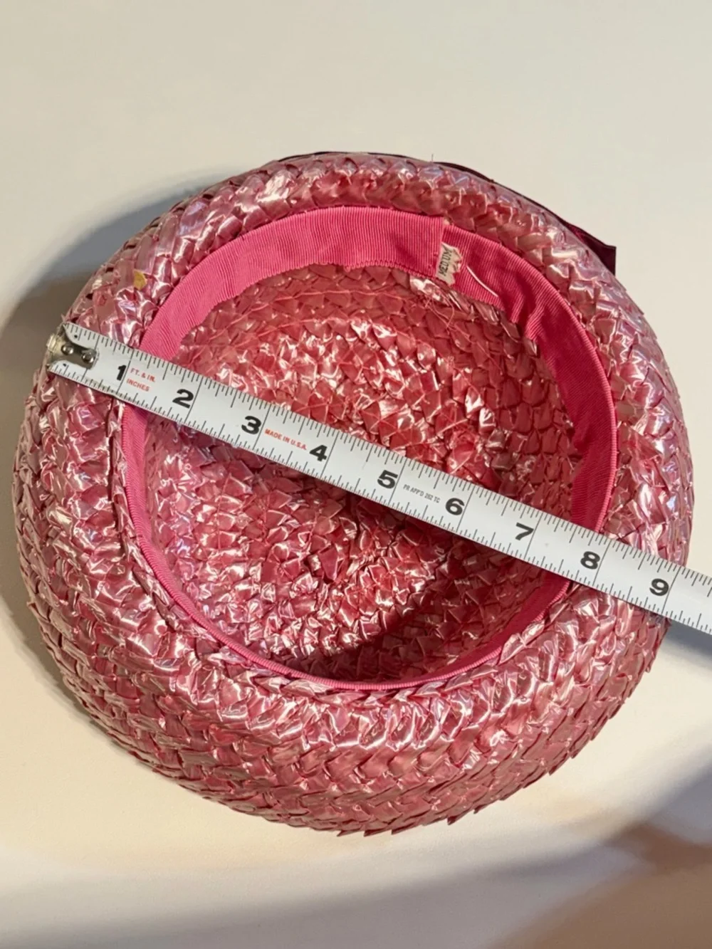 VINTAGE raspberry straw hat‎ 50s 60s bowler church dressy ribbon bow mid century - Picture 10 of 11